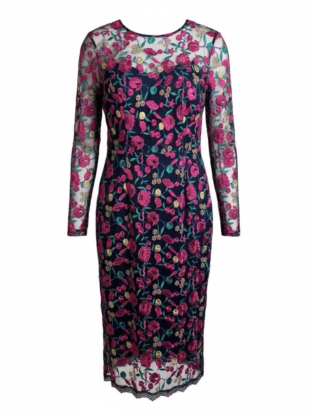 Dress the Population Floral Long Sleeve Midi Dress with Pink Floral Embroidery